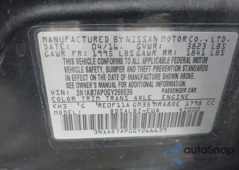 2016 Nissan Sentra S z USA, uszkodzony, nr VIN 3N1AB7AP0GY266639